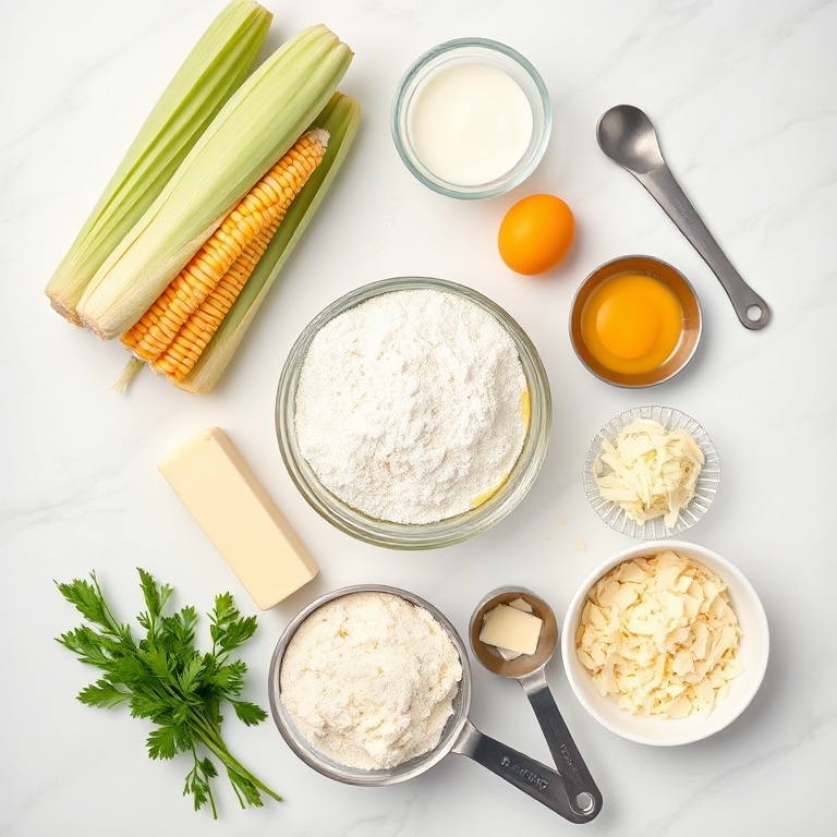 Fresh corn, flour, eggs, butter, and cheese arranged as an overhead flat lay with measuring tools.