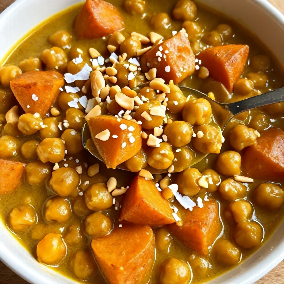 Sweet Potato Chickpea Curry served in a bowl with naan bread