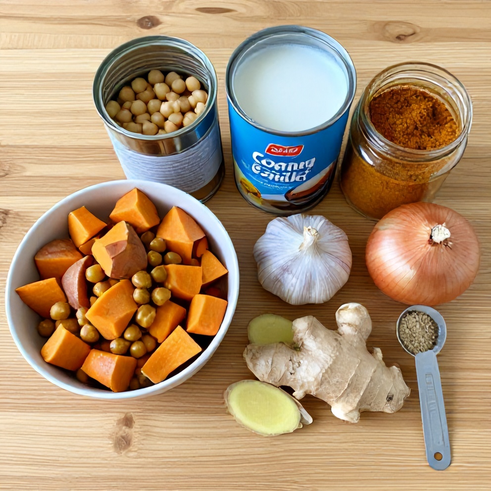 Ingredients for Sweet Potato Chickpea Curry laid out on a wooden surface
