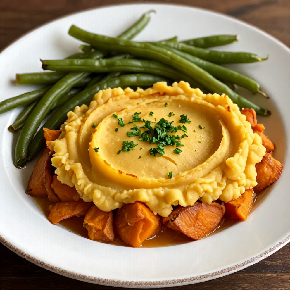 Sweet Potato Shepherd's Pie with a side of green beans