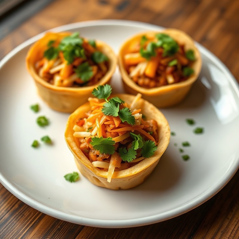 Perfectly plated taco cups with a sprinkle of cilantro. A white ceramic plate with a slight sheen. Warm side lighting highlights the layers. Photorealistic food photography.