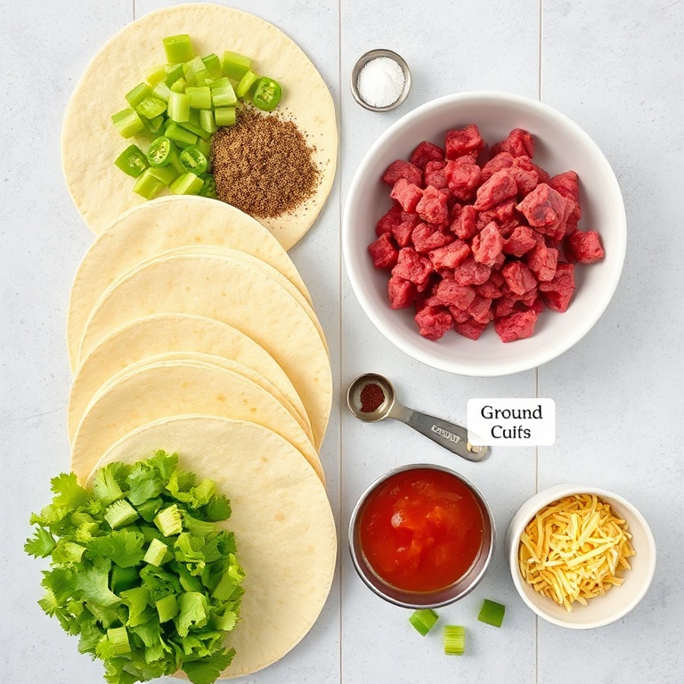Raw ingredients for taco cups arranged in an overhead flat lay. Ground beef, taco seasoning, tortillas, lettuce, cheese, and salsa. Measuring spoons and bowls visible. Bright natural light.