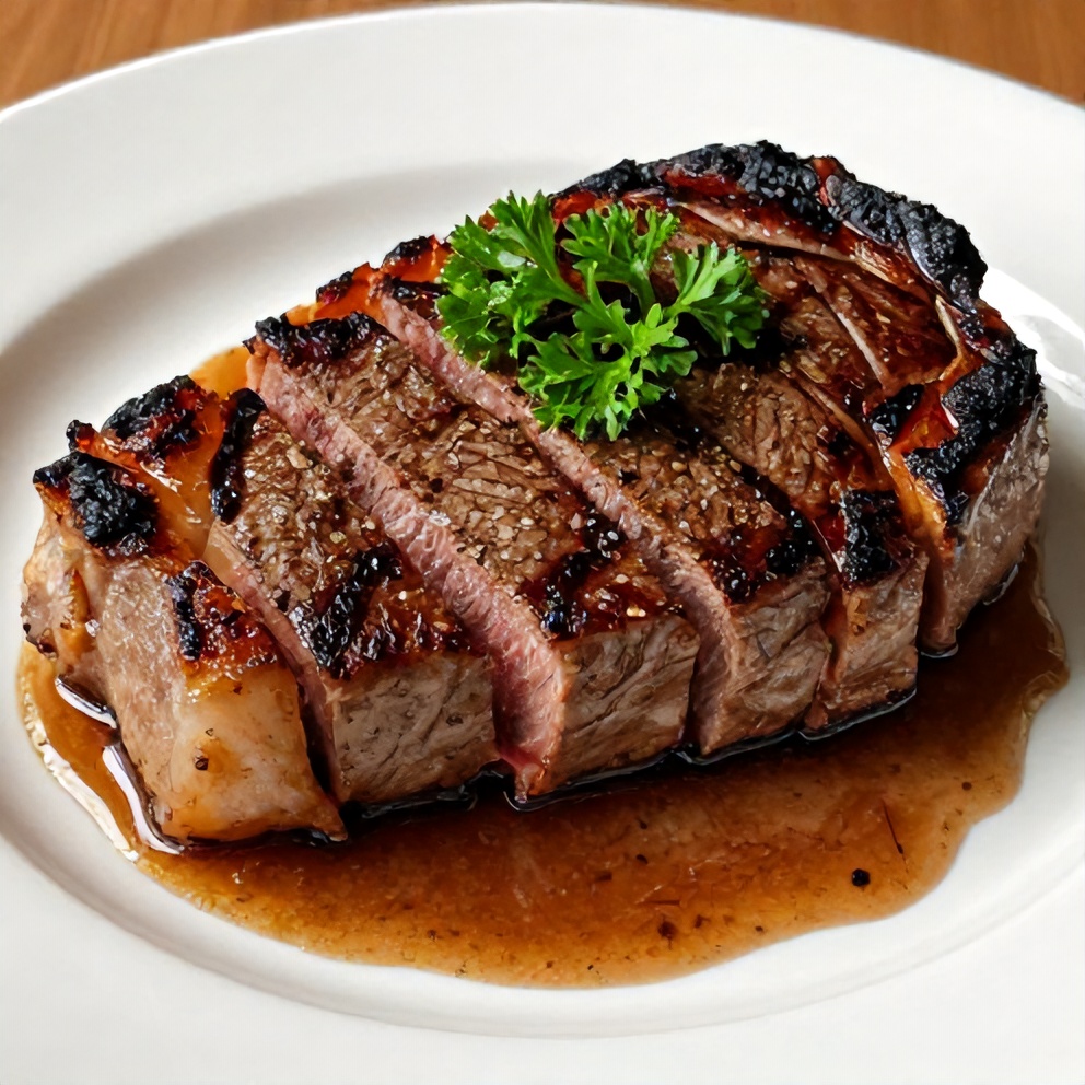 Perfectly seasoned steak slices on a white plate, sprinkled with fresh parsley. Warm side light highlights the charred crust and juicy center.