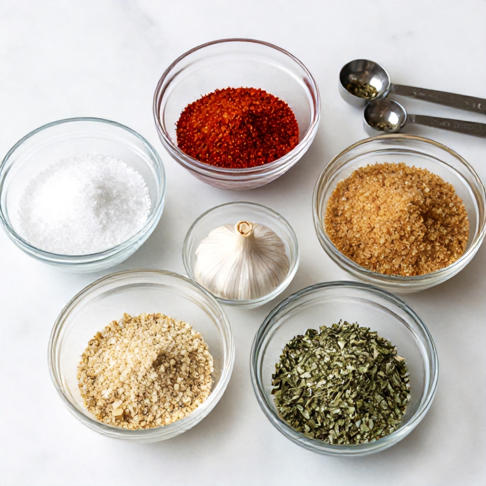 Overhead shot of raw kosher salt, black pepper, smoked paprika, garlic powder, onion powder on a marble board, with measuring spoons and small prep bowls.