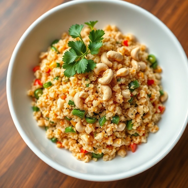One plated serving of Thai quinoa salad garnished with chopped peanuts and fresh cilantro in a wide white shallow bowl.