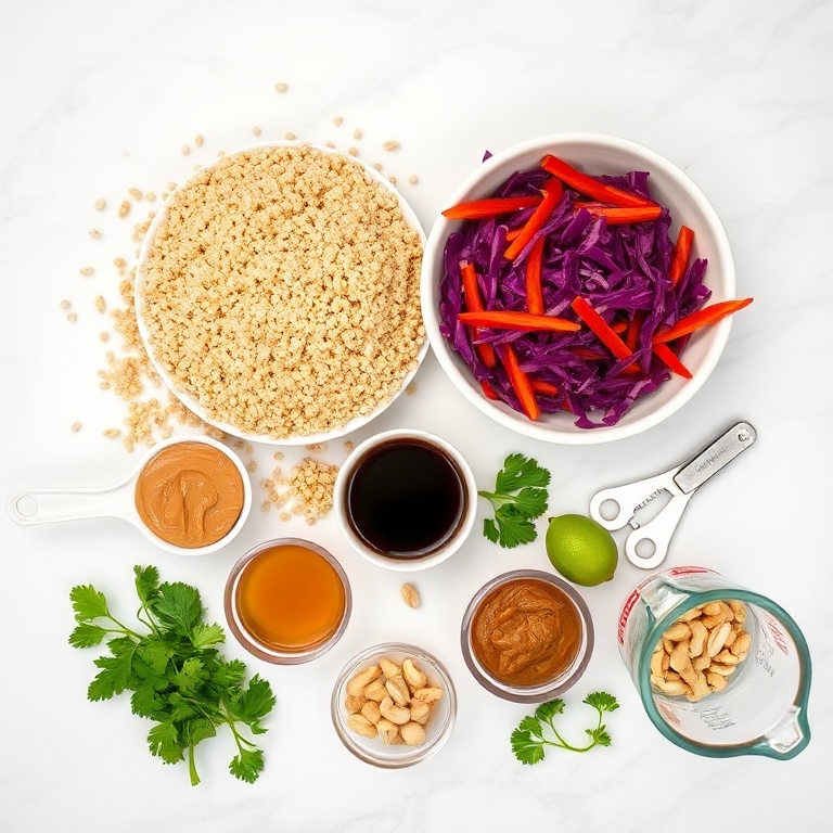 All raw ingredients for Thai quinoa salad including tricolor quinoa, shredded carrots, red cabbage, bell pepper, and cilantro arranged neatly.