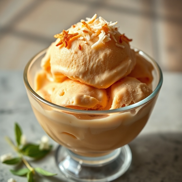 Thai tea ice cream in a glass bowl with toasted coconut garnish. Warm side lighting highlights the texture.