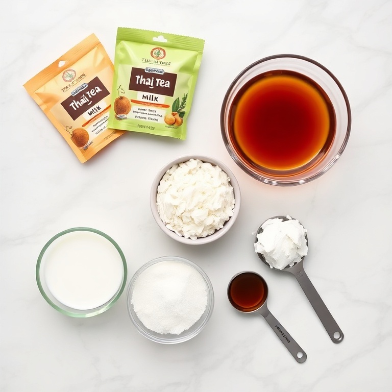 Raw ingredients for Thai tea ice cream: tea bags, milk, sugar, coconut flakes, and vanilla extract arranged in a flat lay.