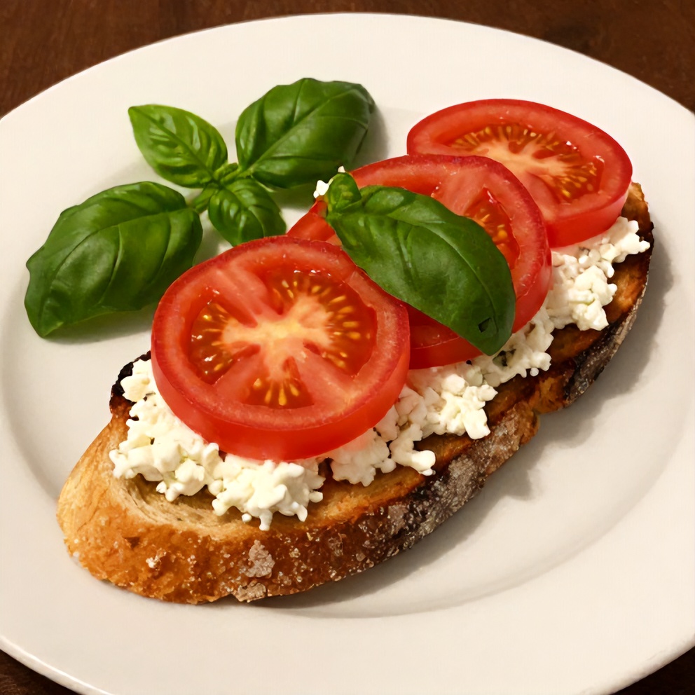 Plated tomato and cottage cheese toast with a side of fresh herbs