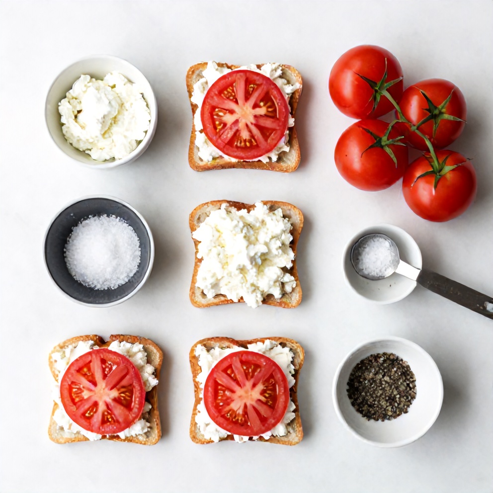 Raw ingredients for tomato and cottage cheese toast on a marble surface