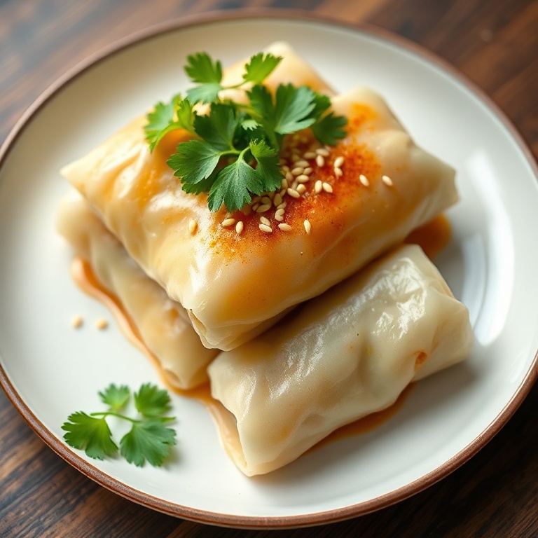 One perfect plated serving of easy vegan cabbage rolls. Topped with fresh cilantro and sesame seeds. Close crop, food fills 90% of frame. White ceramic plate with dark rim. Warm side lighting showing texture. Photorealistic food photography.