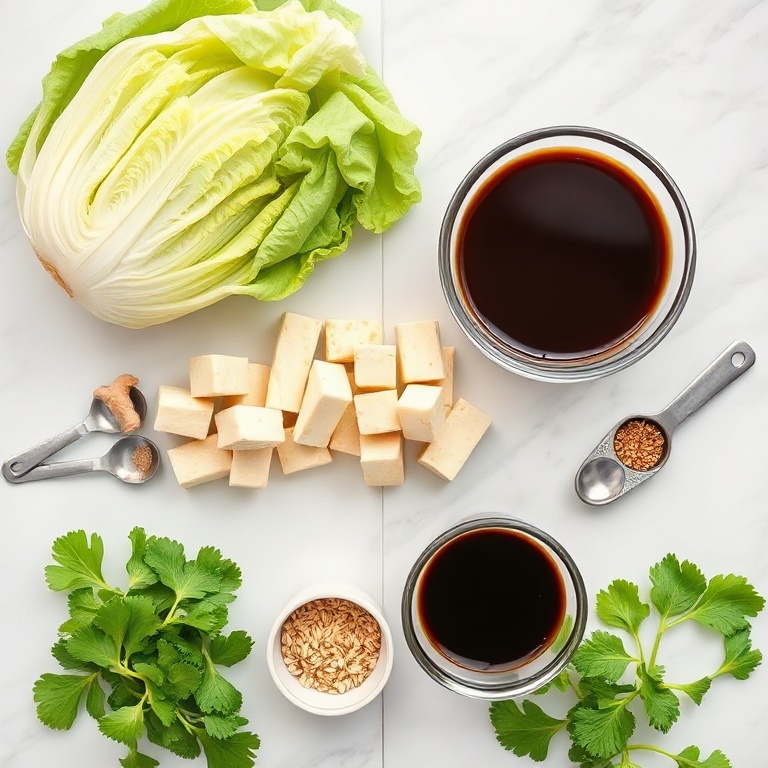 Overhead flat lay of raw ingredients for easy vegan cabbage rolls. Cabbage, tofu, ginger, sesame seeds, and soy sauce prominent. Prep bowls and measuring tools visible. White marble surface. Bright even light. Photorealistic overhead food photography.