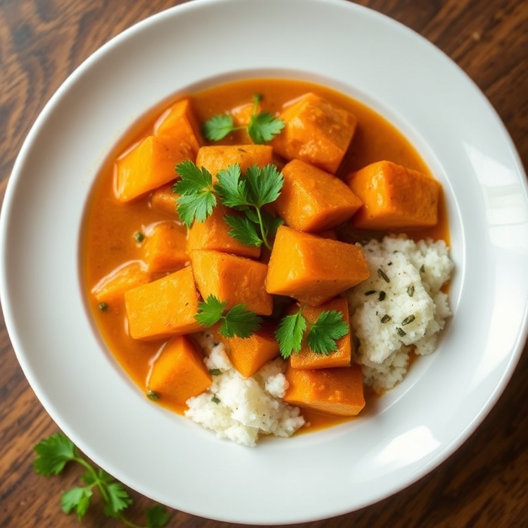 Plated vegan coconut curry with sweet potatoes and veggies. Garnished with fresh cilantro. Served in a white ceramic bowl. Warm lighting highlights texture.