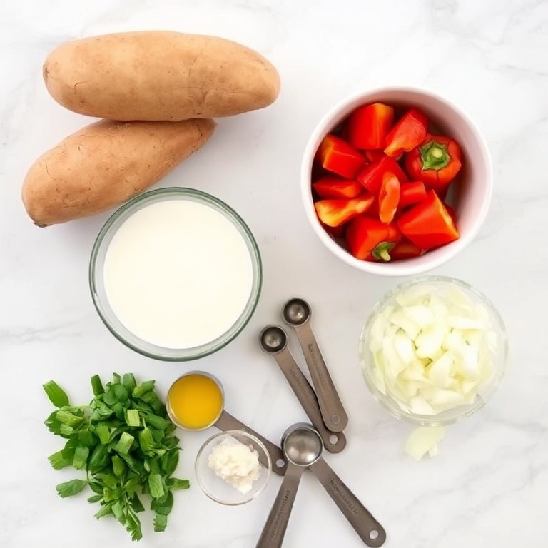 Raw ingredients for vegan coconut curry: sweet potatoes, coconut milk, bell peppers, onions, garlic, and fresh ginger. Measuring spoons and bowls on a white marble surface.