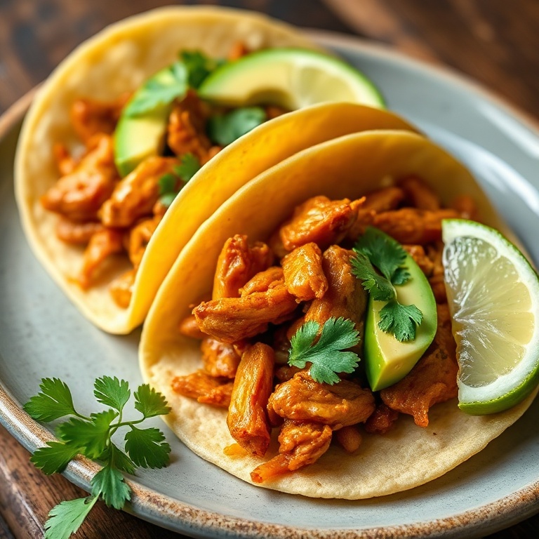 Perfectly plated vegan jackfruit tacos with avocado, lime, and cilantro. Golden, juicy, and irresistible.