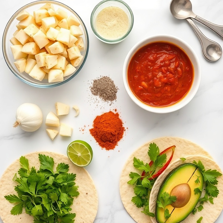 Fresh jackfruit, onion, garlic, cumin, chili powder, lime, avocado, cilantro, and tortillas arranged in a flat lay.