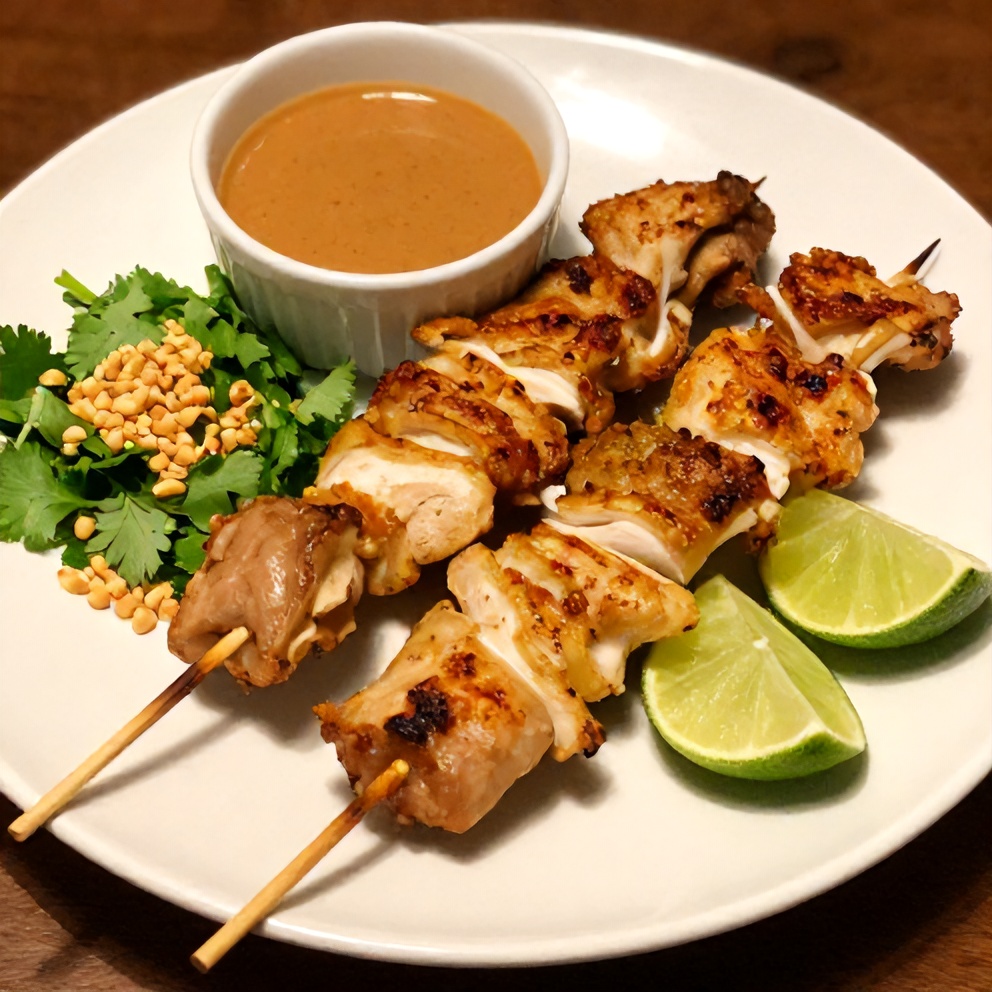 Plated Vietnamese lemongrass chicken skewers with peanut sauce