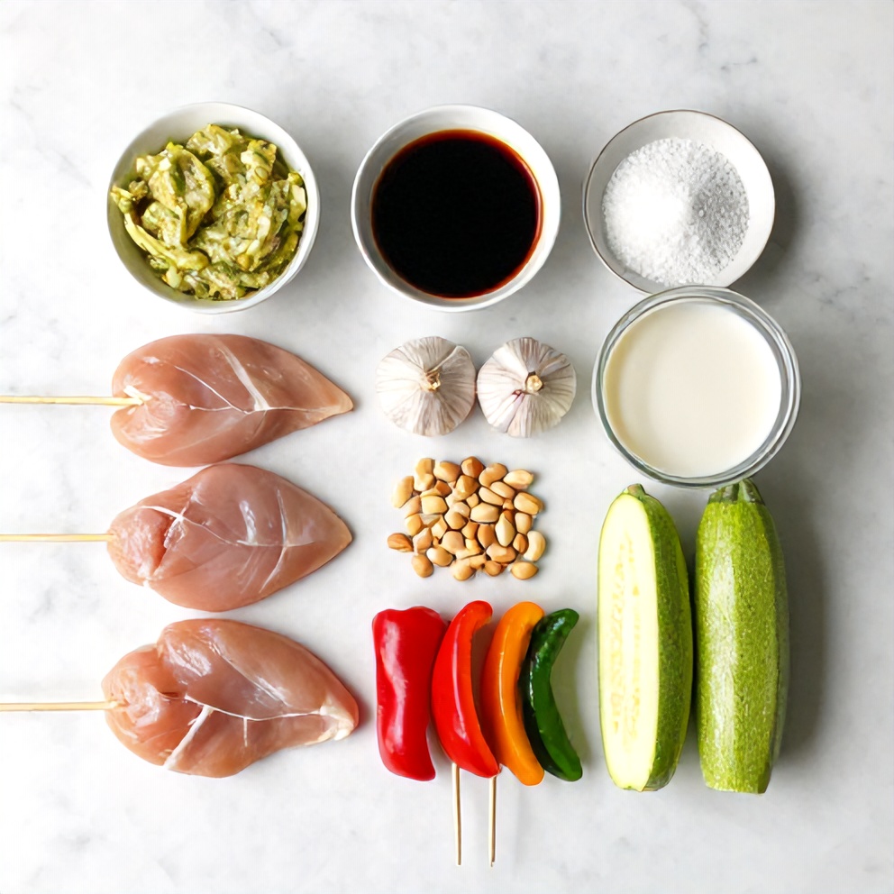 Raw ingredients for Vietnamese lemongrass chicken skewers laid out