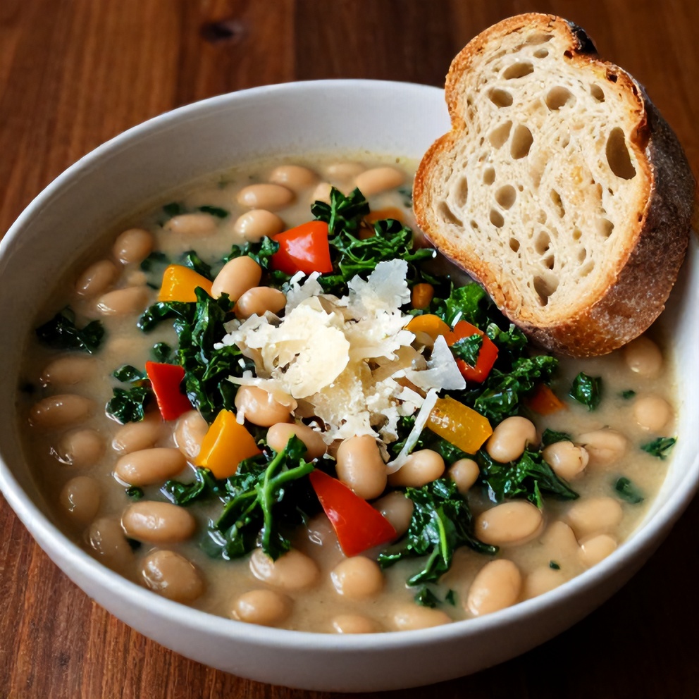 Bowl of white bean and kale soup with a sprinkle of Parmesan cheese and a side of crusty bread