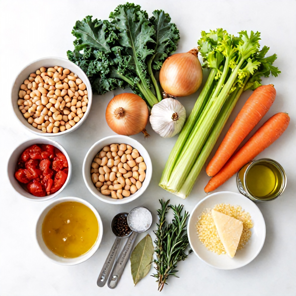 Ingredients for white bean and kale soup: cannellini beans, kale, onion, garlic, carrots, celery, canned diced tomatoes, vegetable broth, olive oil, salt, pepper, bay leaves, thyme, rosemary, and Parmesan cheese