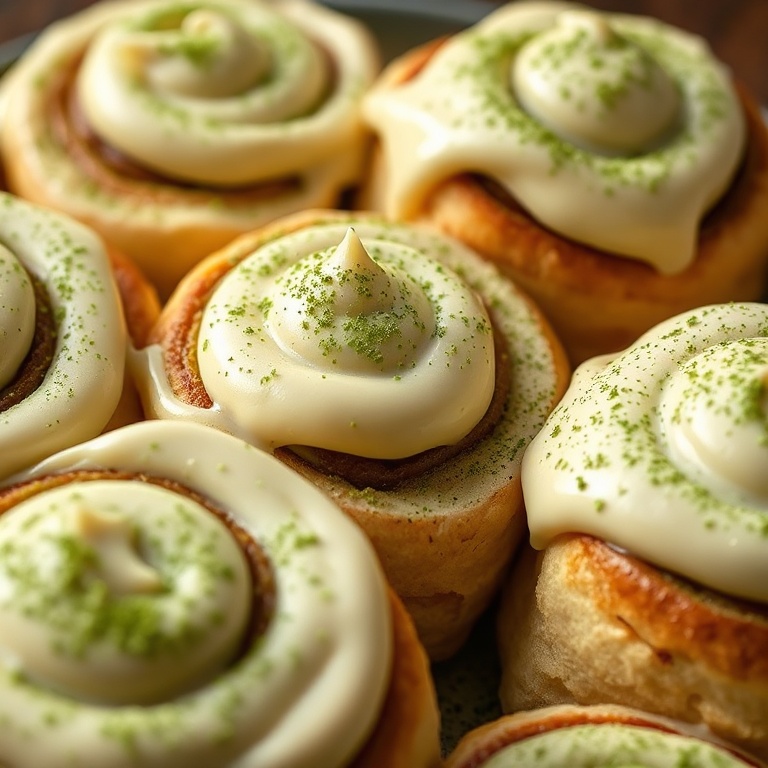 Matcha cinnamon rolls topped with cream cheese frosting and matcha dust