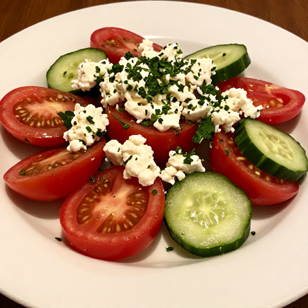 Plated Fresh Cucumber Tomato Feta Salad with fresh herbs
