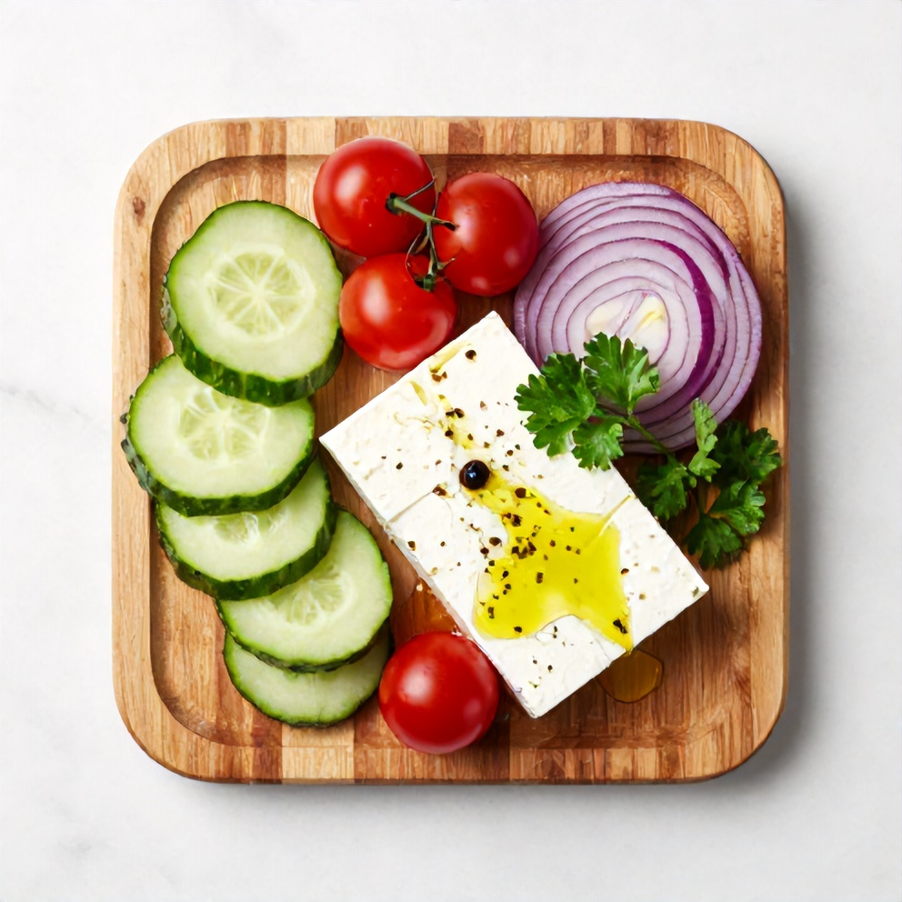 Cucumber, tomatoes, feta, red onion, fresh herbs on a wooden board
