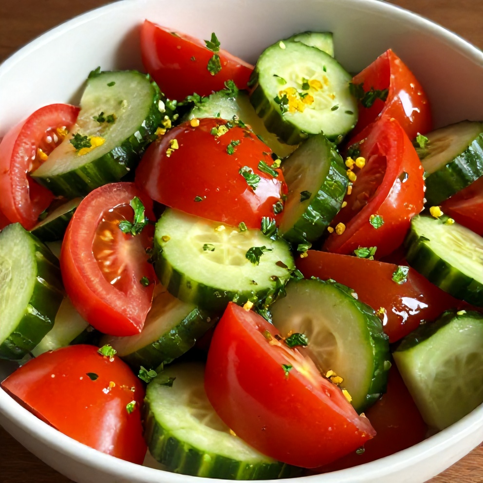 One serving of fresh cucumber tomato salad garnished with parsley in a shallow white bowl close up showing juicy texture and bright colors.