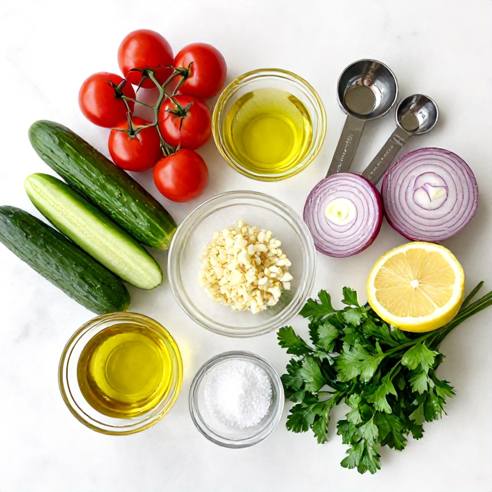 Overhead shot of raw cucumbers, tomatoes, red onions, fresh parsley, and a cut lemon with prep bowls and measuring spoons.