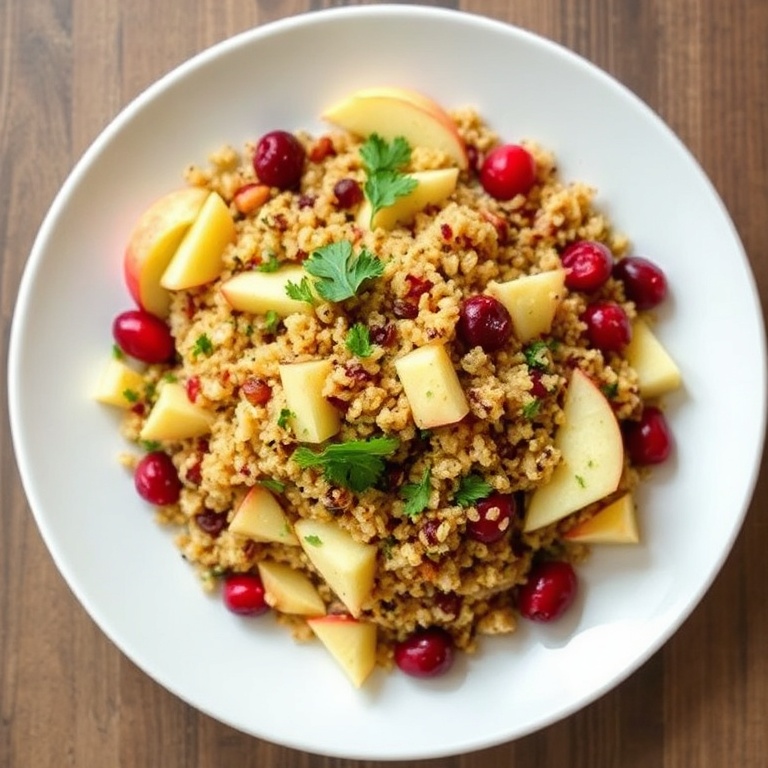 A perfectly plated Fresh Fall Quinoa Salad with a sprinkle of parsley. The dish fills the frame with rich autumn colors and textures.