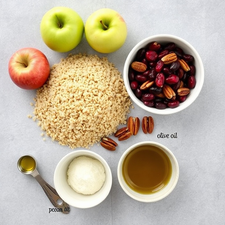All raw ingredients for Fresh Fall Quinoa Salad arranged in an overhead flat lay. Quinoa, apples, cranberries, pecans, and olive oil are the standout items.