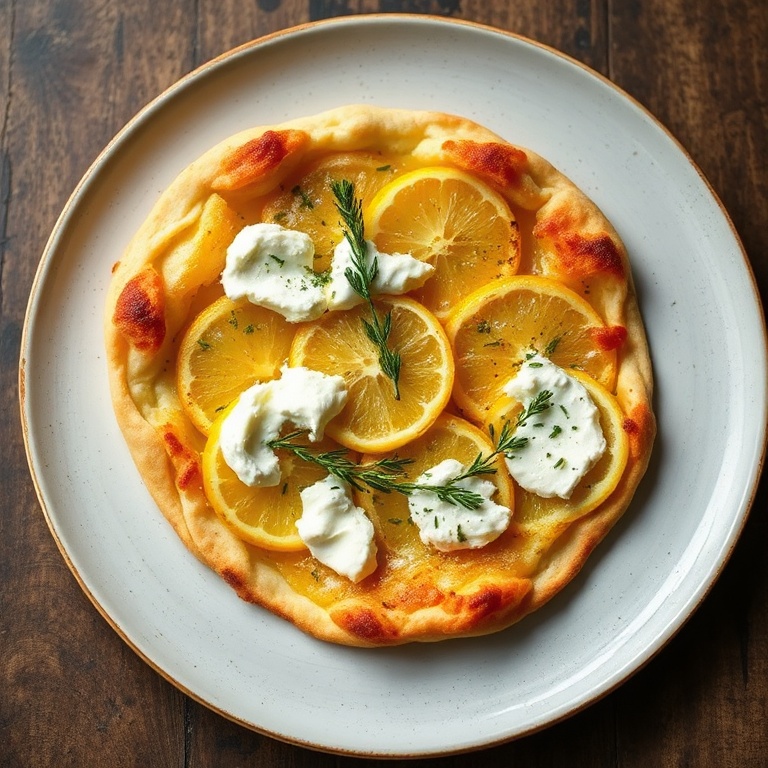 A perfectly plated lemon pizza with a golden crust, creamy ricotta, and fresh thyme. The plate is rustic, with a warm side light highlighting the textures.