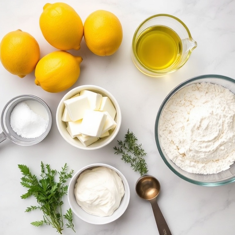 Raw ingredients for lemon pizza: fresh lemons, ricotta cheese, fresh thyme, flour, water, olive oil, and salt. Measuring spoons and bowls visible on a white marble surface.