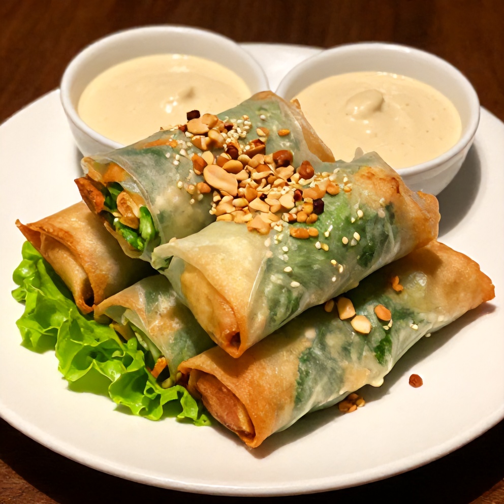 Plated fresh lettuce wrapped veggie spring rolls with almond dip on a white plate