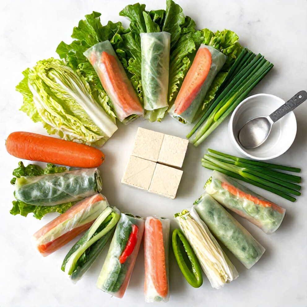 Raw ingredients for fresh lettuce wrapped veggie spring rolls on a white marble surface