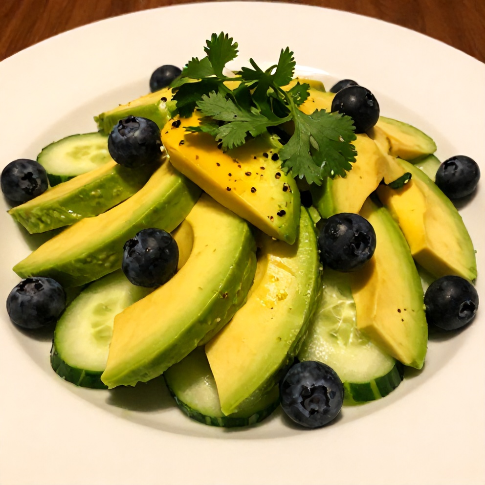 Plated Fresh Mango Cucumber Salad with Blueberries and Avocado