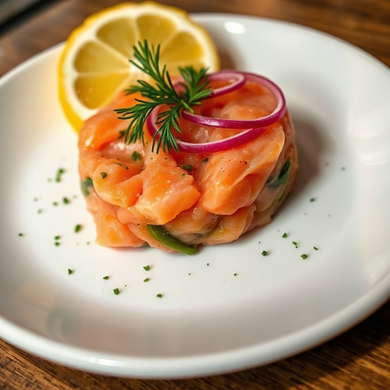 A perfectly plated serving of salmon tartare with a sprinkle of dill and a slice of lemon. Warm lighting highlights the fresh textures on a white ceramic plate.