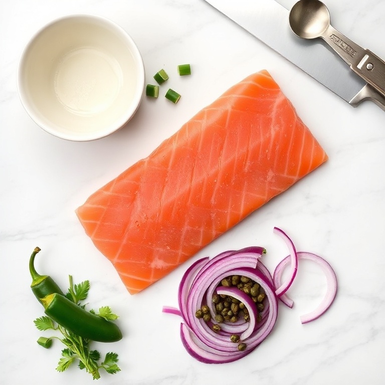 Raw salmon, lemon, jalapeño, red onion, capers, dill, and olive oil arranged in a clean overhead shot with measuring tools nearby.