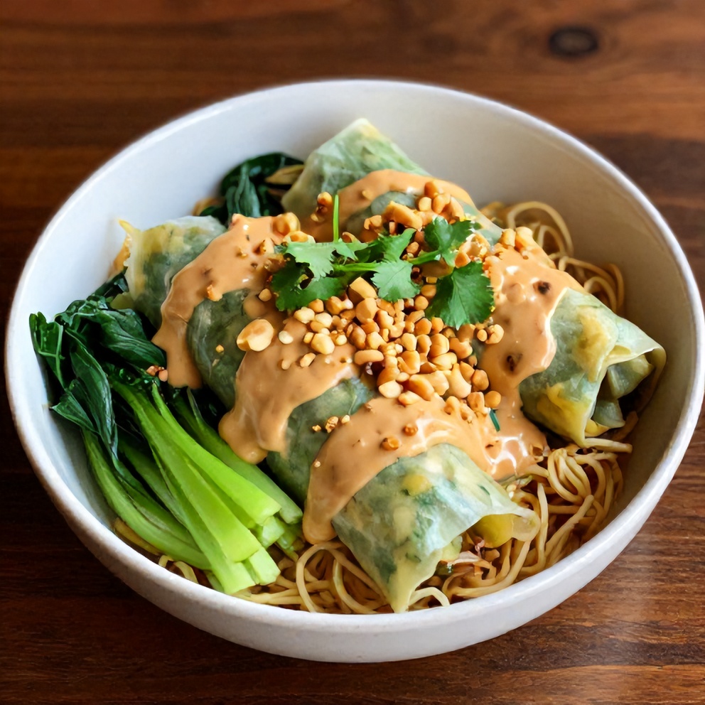 Plated Fresh Spring Roll Bowl with Creamy Peanut Sauce