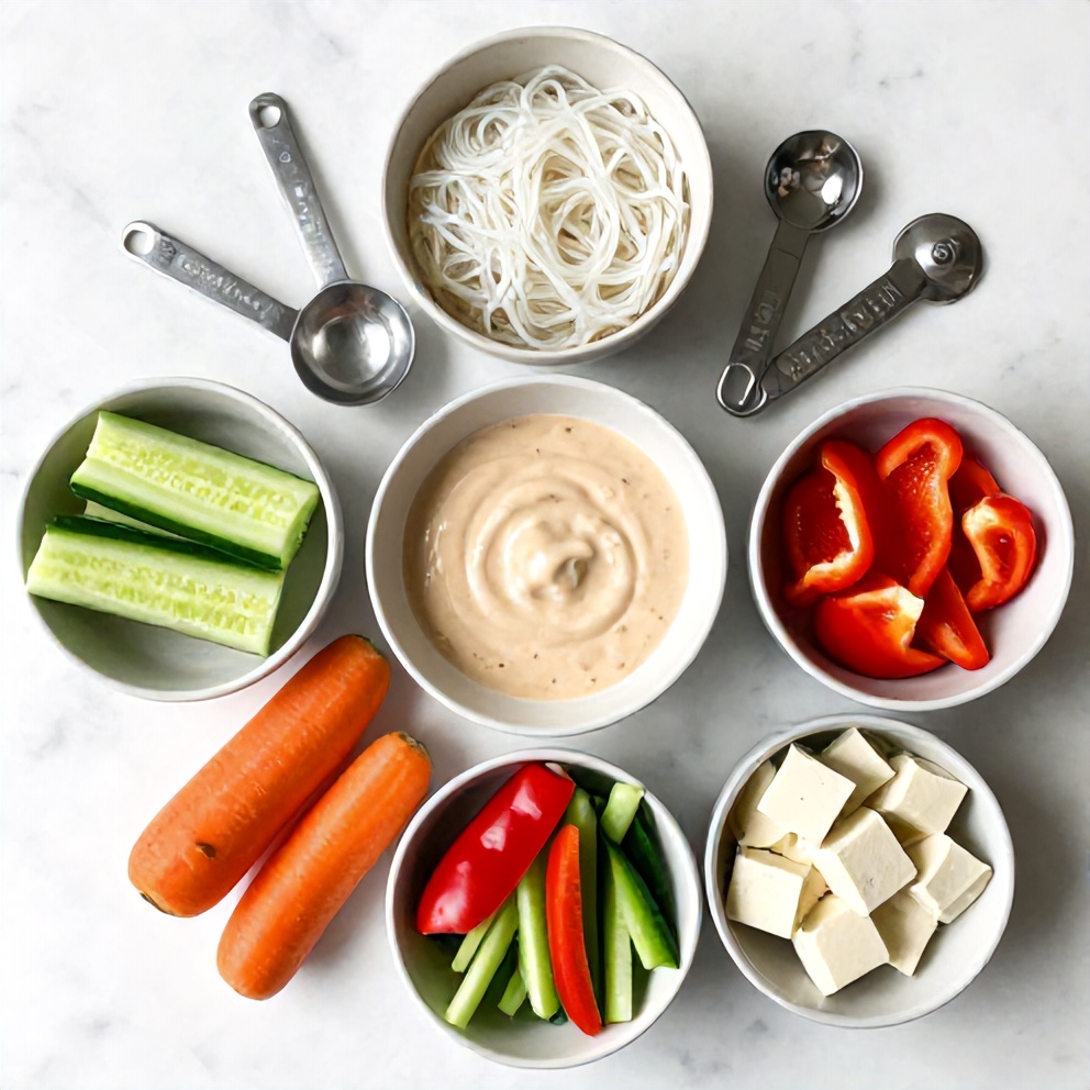 Raw ingredients for Fresh Spring Roll Bowl with Creamy Peanut Sauce