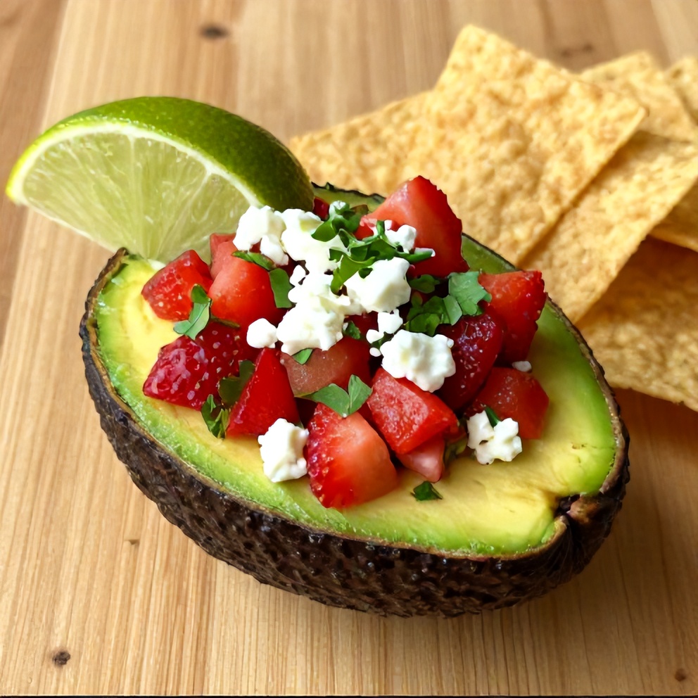 Plated serving of fresh strawberry salsa stuffed avocados with a lime wedge