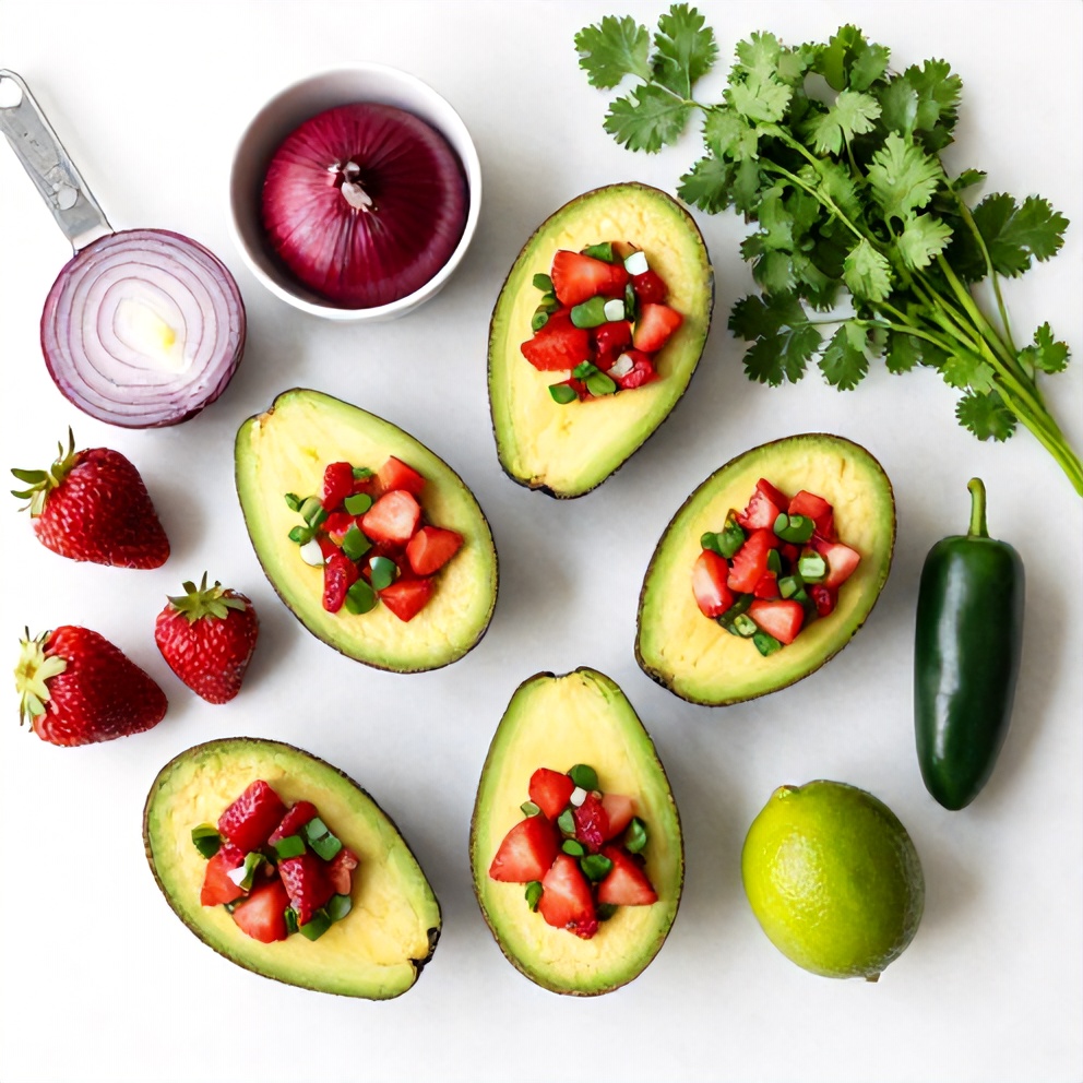 Raw ingredients for fresh strawberry salsa stuffed avocados on a white marble surface