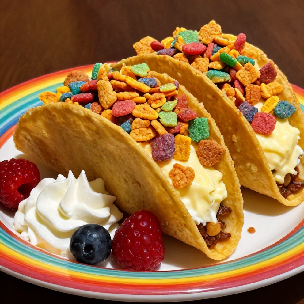 Plated serving of Fruity Pebbles Cheesecake Tacos on a colorful plate