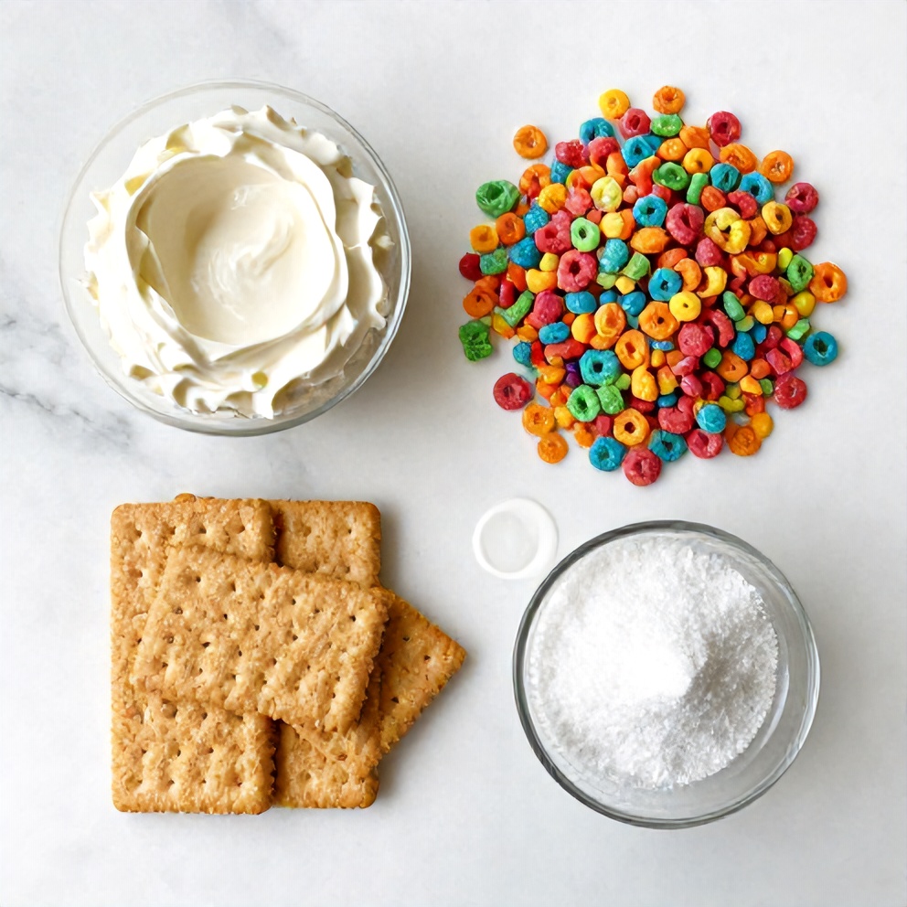 Raw ingredients for Fruity Pebbles Cheesecake Tacos including cream cheese, graham crackers, and Fruity Pebbles cereal