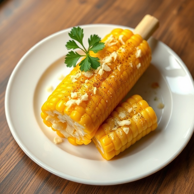 Plated corn on the cob with parmesan, garlic butter, and a sprig of parsley on a white ceramic plate.