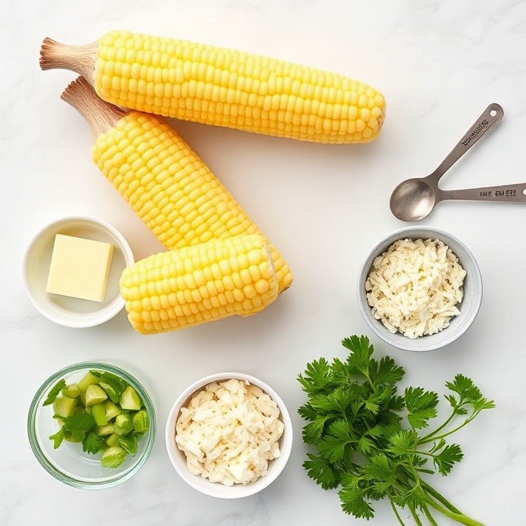 Fresh corn on the cob, butter, garlic, parmesan cheese, and parsley arranged in an overhead flat lay with measuring spoons and bowls.