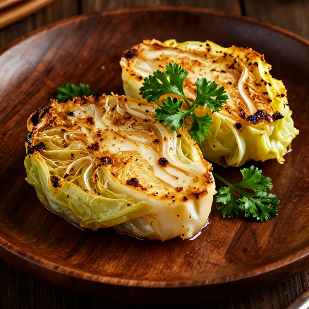 Plated garlic roasted cabbage steaks with smoky spices