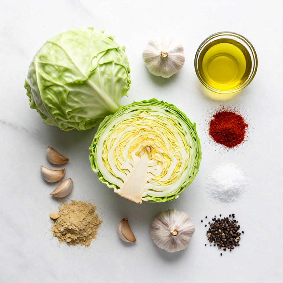 Raw ingredients for garlic roasted cabbage steaks