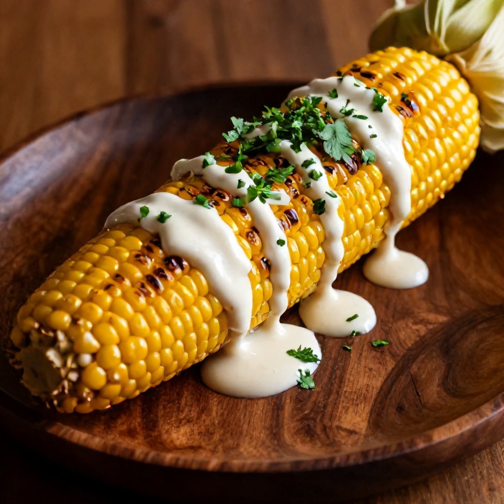 Plated serving of Grilled Mexican Street Corn with cotija cheese and cilantro