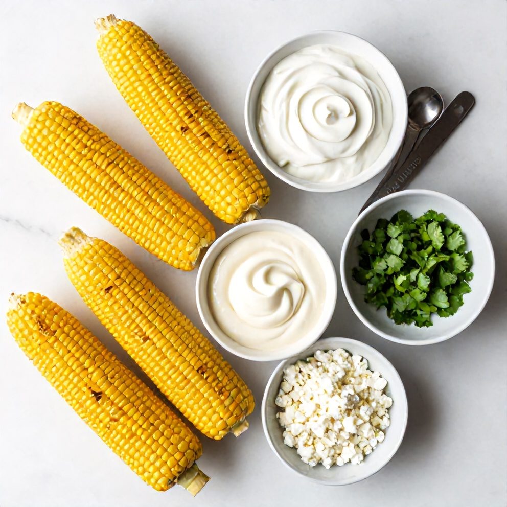 Raw ingredients for Grilled Mexican Street Corn: corn on the cob, cotija cheese, chili powder, lime, cilantro, mayonnaise, and sour cream